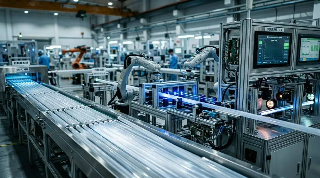 A high-tech automated production line in a modern Chinese factory showing T8 LED tube extrusion and quality inspection processes.